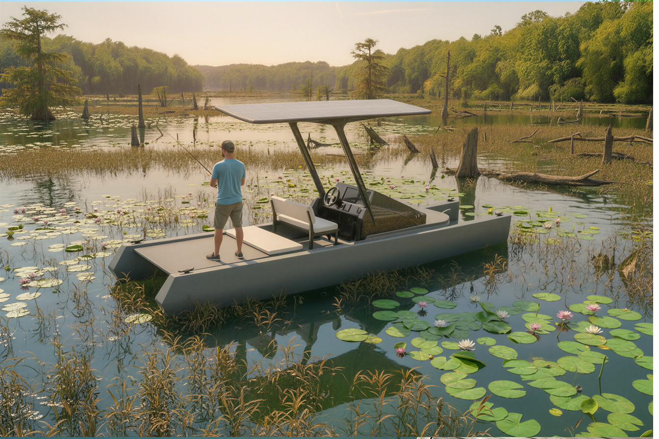 Ventus C-40E fishing in a lily-covered lake at dawn