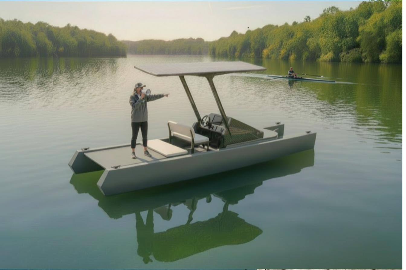 Ventus C-40E electric launch — coach on river with single scull passing